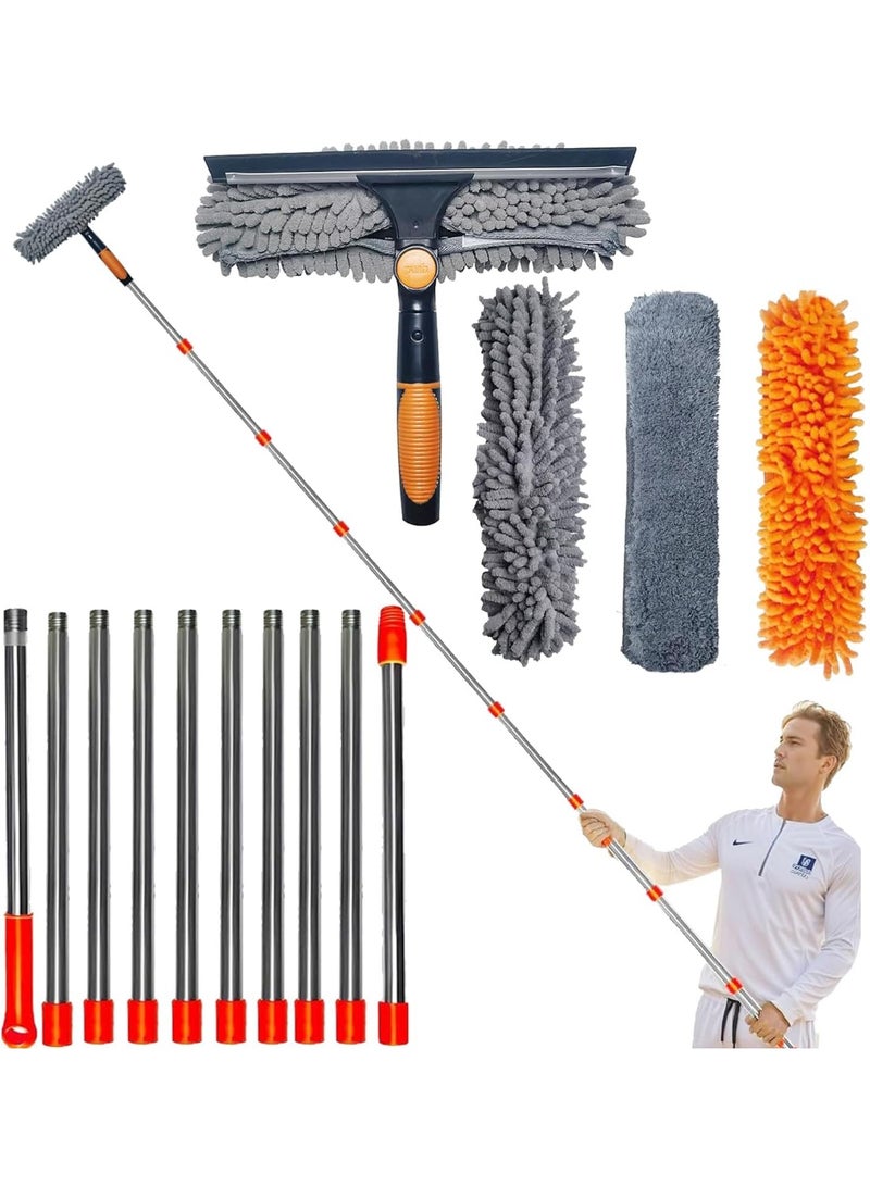 KISSUN 20 ft+ Reach Squeegee Window Cleaner Duster 2 in 1 Rotatable Window Cleaning Tool Kit with 3-14 ft Extension Pole, Window Washing Equipment for Indoor Outdoor Window Car Glass - 3 Pads - Image 1